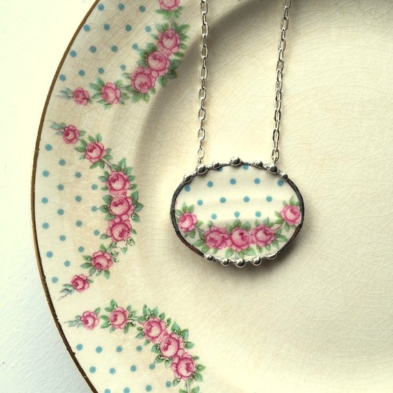 Broken China Jewelry necklace antique pink roses and blue polka dots eco friendly jewelry