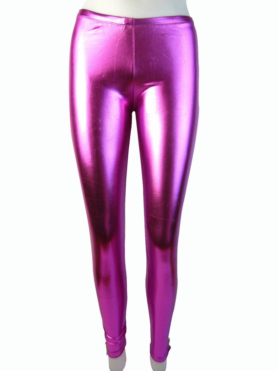 Hot Pink Shiny Leggings With Long Side ZipWet by LeggsBeautiful