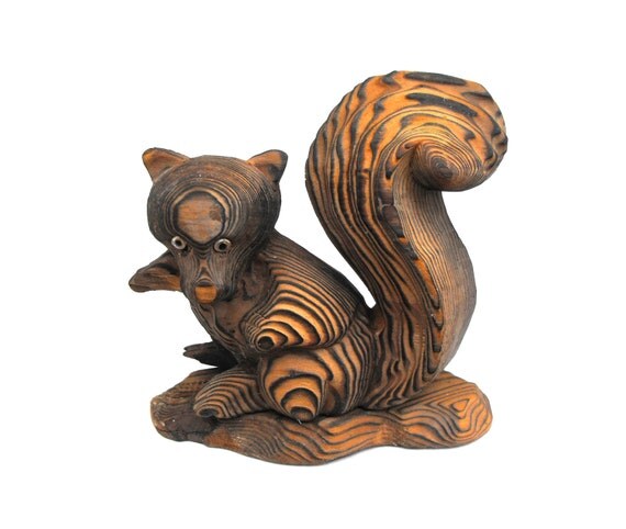 1960s Carved Wood Squirrel Figurine Vintage Wooden Nature