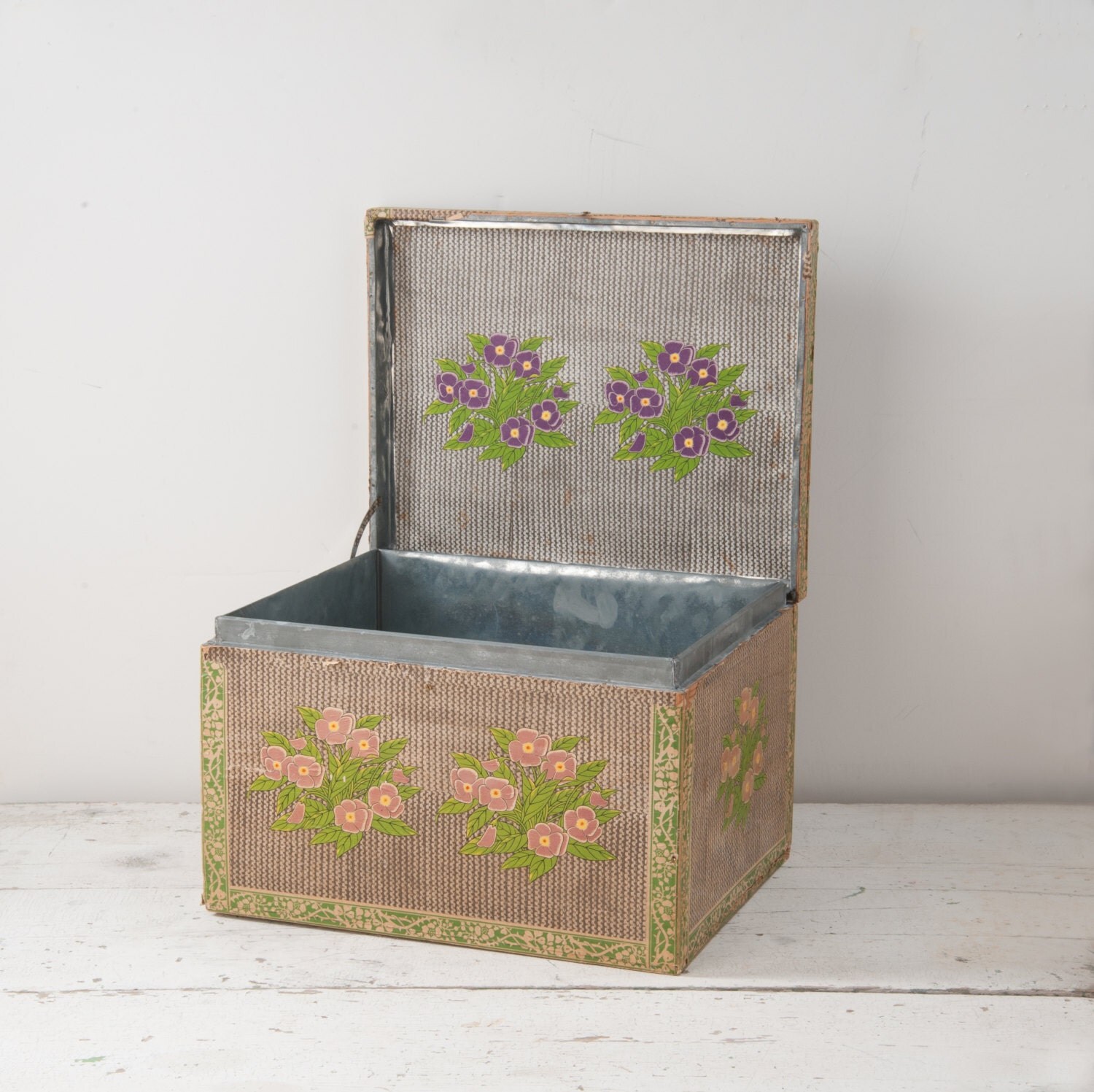 1930s Japanese Tea Shipping Box, Vintage Violet Floral Paper Cover