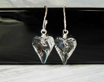 Clear Swarovski Crystal Heart Earrings Clear Heart Earrings Swarovski Heart Earrings Sterling Silver Wire Wrapped Wild Heart Drops Gift