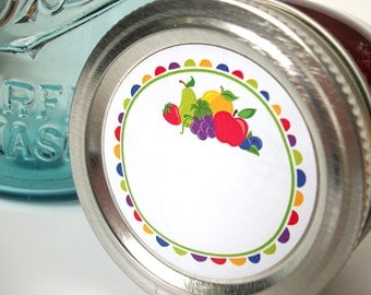 Fun Fruit canning jar labels, round mason jar stickers for jam and jelly fruit preservation, jam jar labels for regular & wide mouth jars