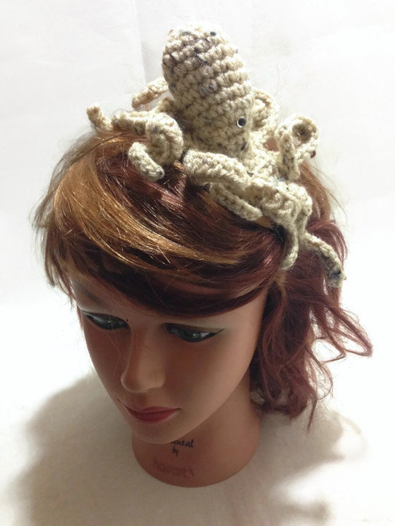 Crochet Octopus Headband Tan Amigurumi Octopus on Metal
