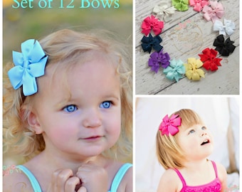 Hair Bows SET of 12 - Hair Bows, Hairbows, Girls Hair Bows, Baby Bows, Toddler Hair Bows, Hair bow, Hair Clips, Baby girl Bows, Shower Gift.