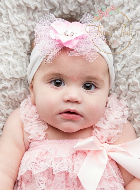 Pink Baby Headband,Baby headbands, Newborn headband, Baptism Christening Headband, Baby Hair Bows,Easter Headband, Bling Baby headband. by ThinkPinkBows