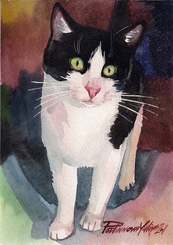 Print of Watercolor Painting Tuxedo Cat Black by creativeartistic