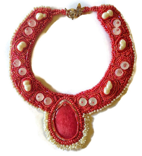 Beaded Necklace Red JadeBead Embroidered Collar