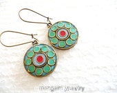 Brass earrings, plated, oxidized, green, mint, red, resin, dangle, round, lont, antique, bronze, flower, cute, clearance