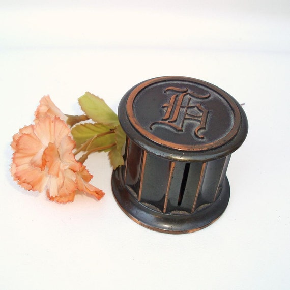 Vintage Brass Box Postage Stamp Holder Monogram Letter F Metal