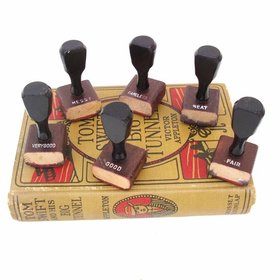 Vintage Rubber Stamps Set Wooden Handles Teacher by WhimzyThyme