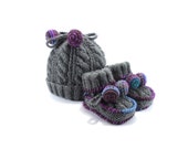 Knitted Baby Hat and Booties - Gray, 3 - 9 month
