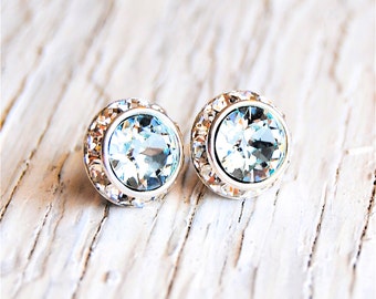 Icy Light Aquamarine Earrings Sugar Sparklers Small Swarovski Crystal Icy Light Aquamarine Diamond Rhinestone Stud Earrings Mashugana Bride