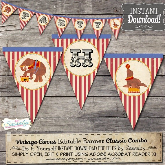 Vintage Circus Party Banner - INSTANT DOWNLOAD - Editable & Printable Classic Combo Birthday Decoration by Sassaby Il_570xn
