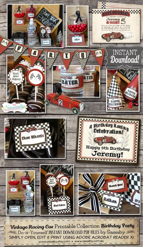 Vintage Racing Car Party Collection - INSTANT DOWNLOAD - Editable & Printable Race Car, Grand Prix, Birthday Party Decorations, Decor Il_570xn