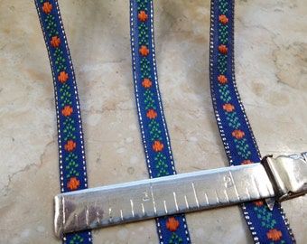 1/4", 3/8", 1/2" Vintage Vibrant Blue Narrow embroidered ribbon trim, red dots, green arrow, metallic accent # 295