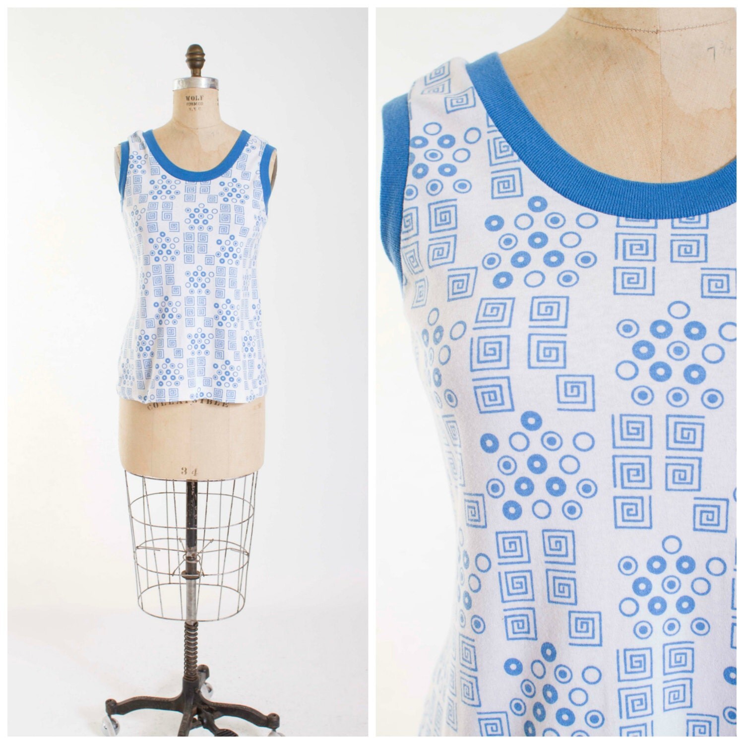 60s Vintage Tank Top Blue and White Cotton by SimplyVintageCo