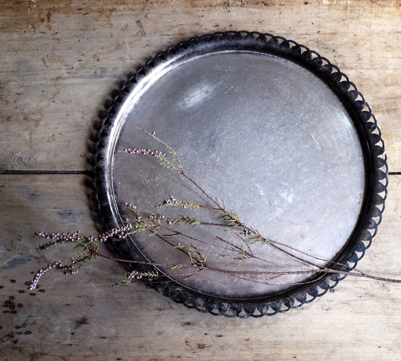French Vintage Silverplate Metal Tray. Romantic French Display Tray