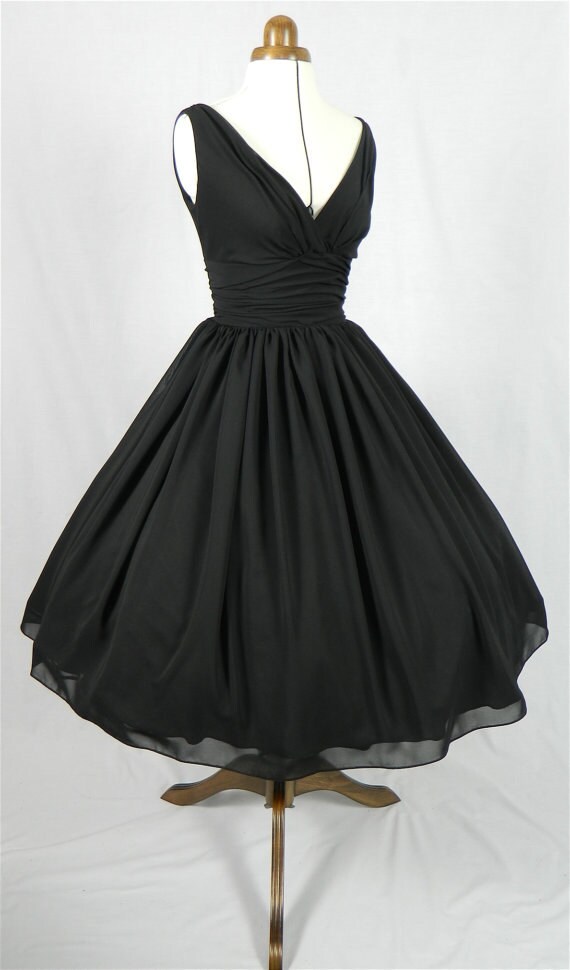 An elegant 50s style V neck dress in black chiffon by elegance50s