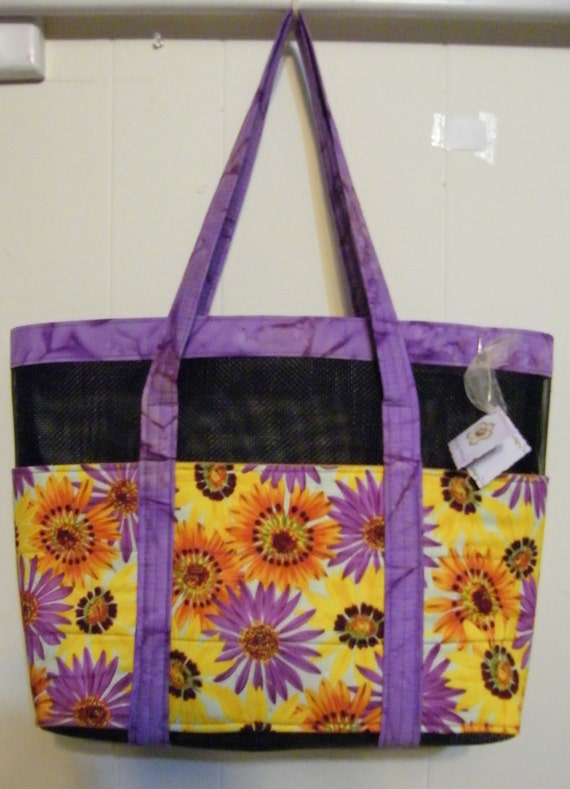 Pocket Beach Tote, sunflower print, lots of pockets, beachy chic ...