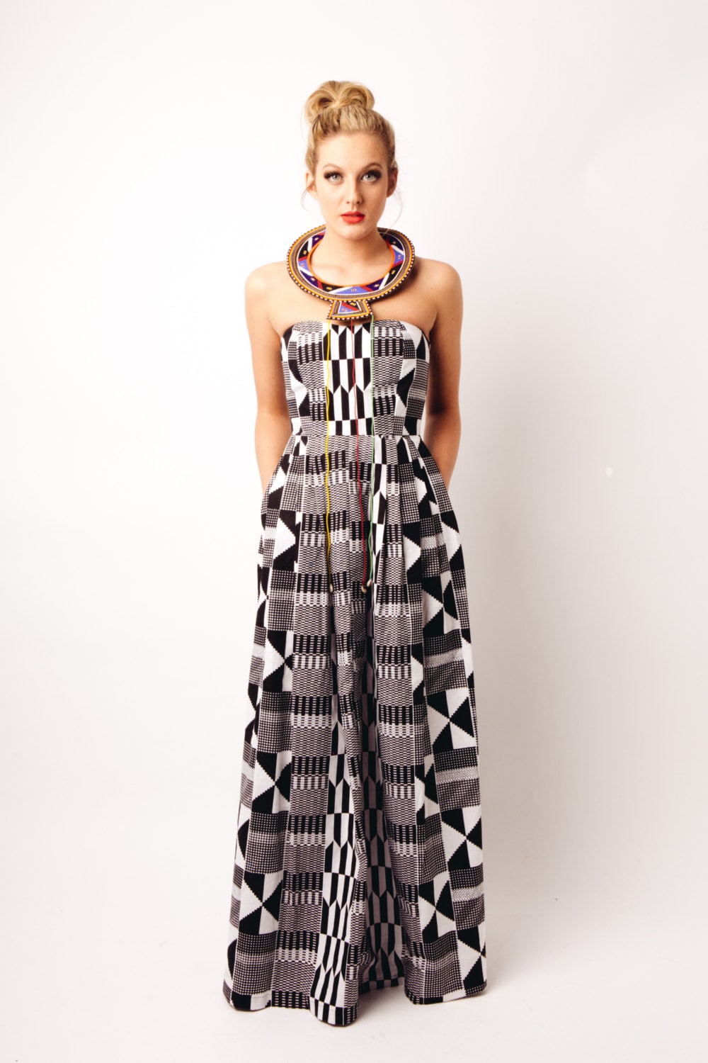 Black and White Kente African Print Strapless Maxi Dress Size