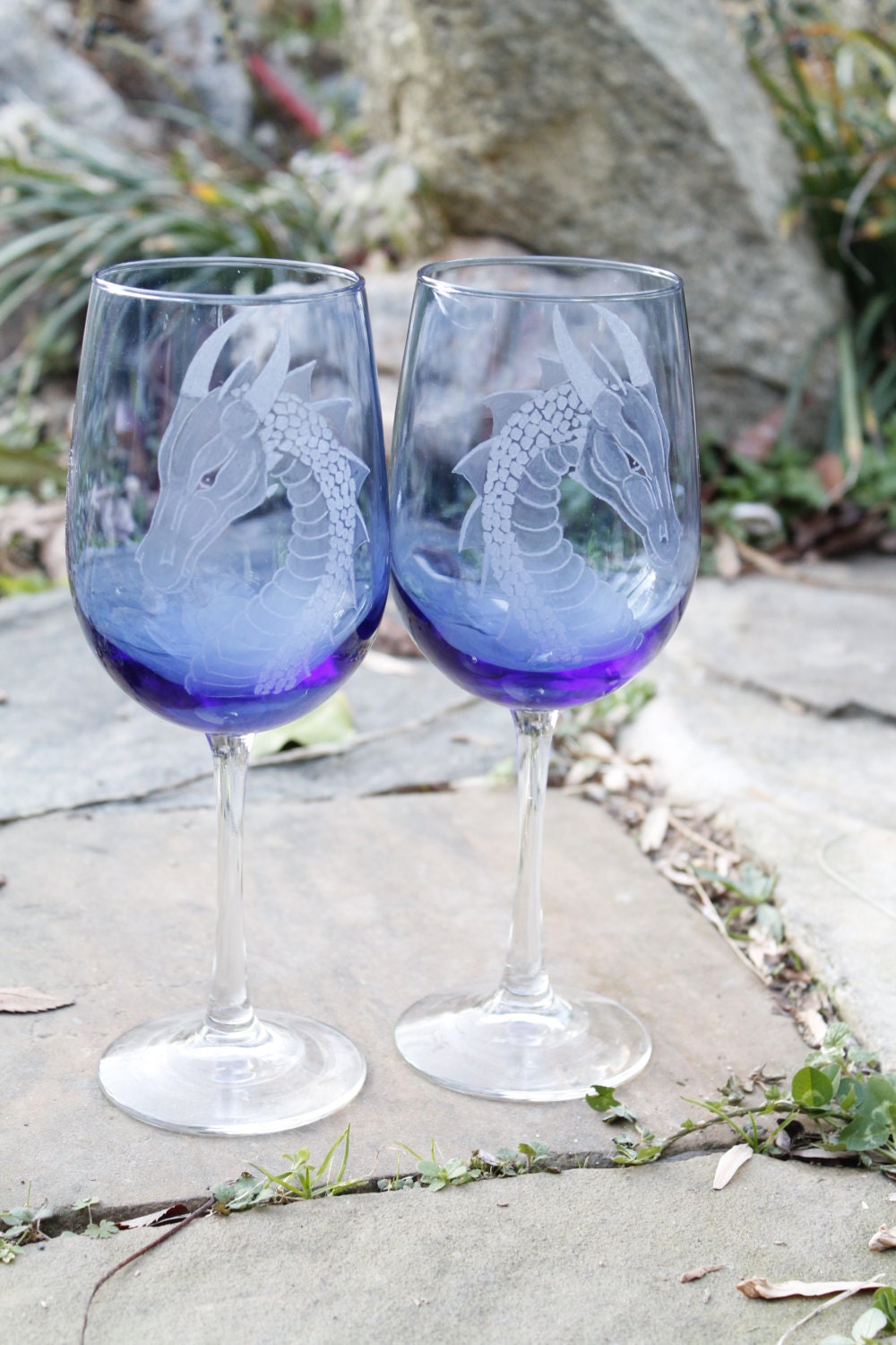 Decorated wine glasses etched engraved dragon goblets set