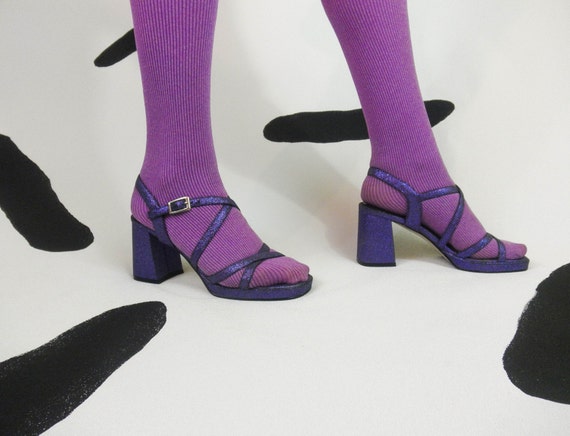 90s Purple Glitter Strappy Platform Chunky Heeled Sandals