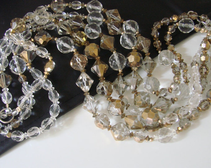 Vintage Choker Crystal Bead Bib Necklace / Aurora Borealis / Crossover Style / Jewelry