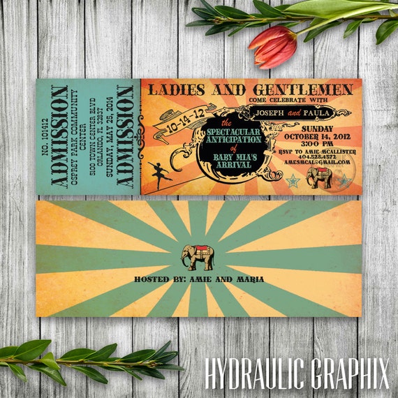 Retro Circus Baby Shower Ticket Invitation, Printable Ticket Invitation, Carnival themed Baby Shower Invitation, Vintage Steampunk Ticket Il_570xn