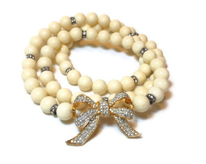 FREE SHIPPING Faux pearl necklace, creamy faux pearls with rhinestone spacer accents and bow long necklace