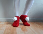 Christmas Slippers, Red Slippers, Women Slippers, Knit Slippers with Pompoms, House Shoes, Slippers Socks,Winter Accessories