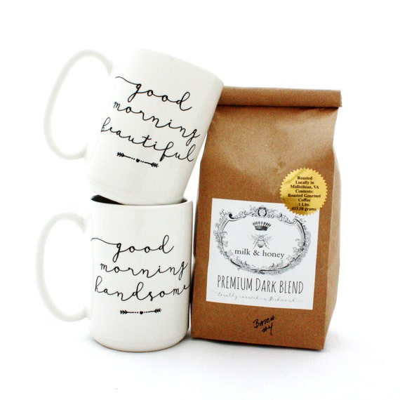 Engagement Gift Set. Ground Coffee and Mug Set. Good Morning Beautiful and Good Morning Handsome Mugs. Couples gift idea.