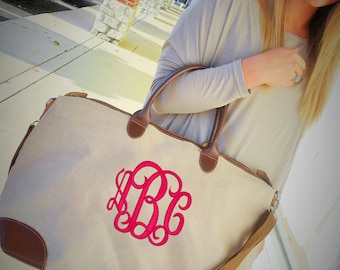 Jute Weekender Bag Monogram Font Shown INTERLOCKING in bright pink