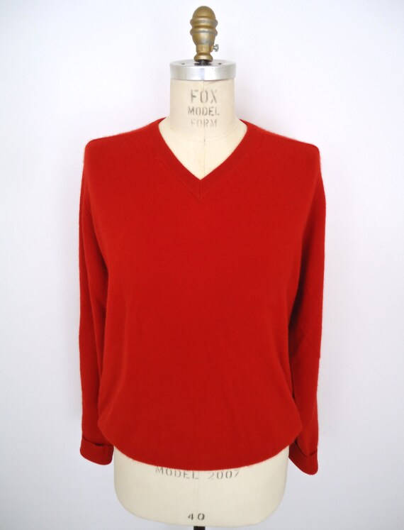 Vintage Cashmere Sweater / red v-neck sweater / men's