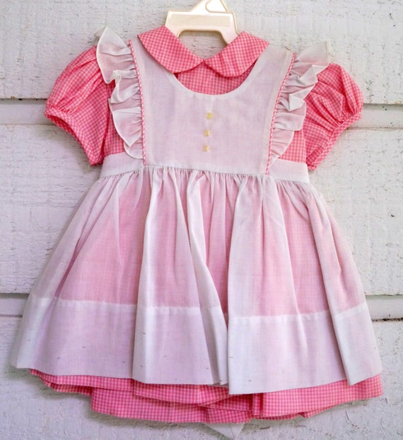 Vintage pink Gingham dress with White pinafore New by breedbabynyc