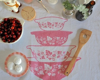 Tea Towel: Vintage Pyrex Pink Gooseberry, Nesting Cinderella Bowls-Screen Printed Cotton -- Soft, Lint Free, Awesome.