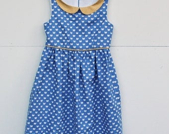 Handmade Dress, Blue Cat dress with Peter Pan Collar, vintage style dress, girls dress