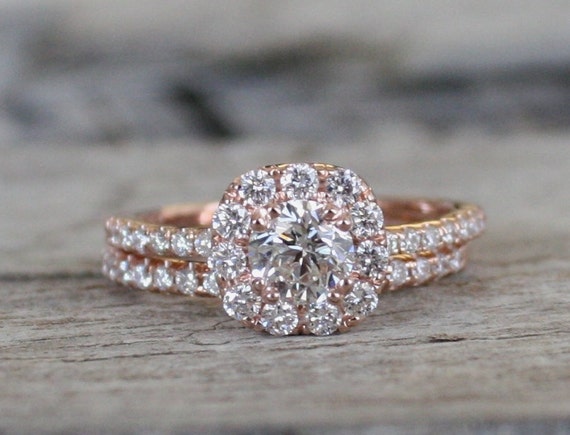 SET Diamond Halo Engagement Ring in 14K Rose Gold