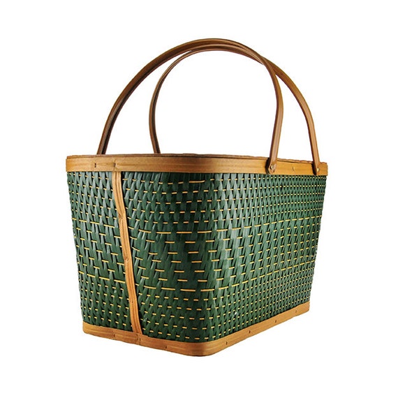 Woven Burlington Picnic Basket Hawkeye Pattern Metal Handles Vintage Mid Century Wooden Basket with Lid and Brass Hinges