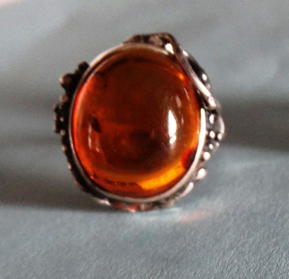 Graceful Silver Ring with Large Amber Cabochon by KingsOfMaine