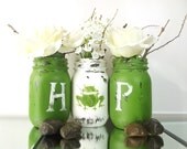 Spring, Home Decor - Hand Painted Mason Jars | Rustic - Style, Green and White Painted Mason Jars