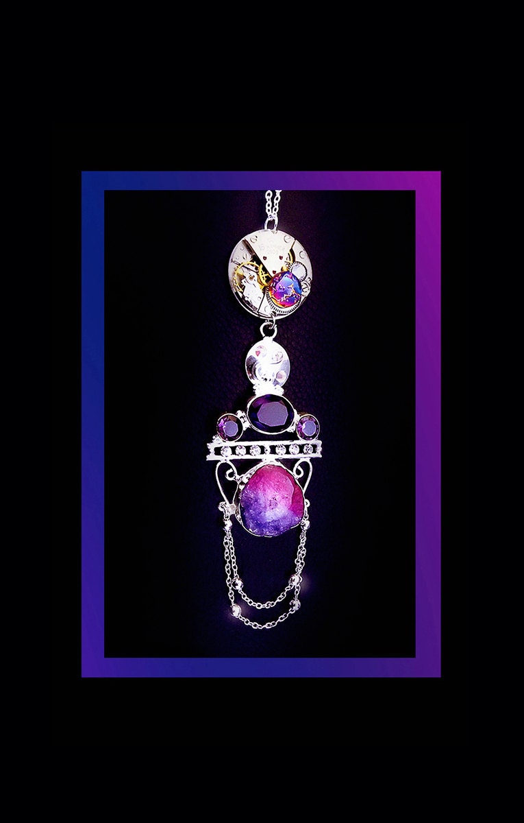 Steampunk necklace, purple druzy necklace, steampunk jewelry, purple amethyst, watch gear necklace, crystal necklace, movement necklace,OOAK