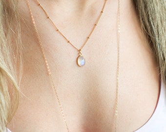 Rainbow Moonstone Necklace, Moonstone Pendant, Satellite Chain, Satellite Jewelry, 14k Gold Filled Necklace, Dainty Gold Necklace, Dew Drop