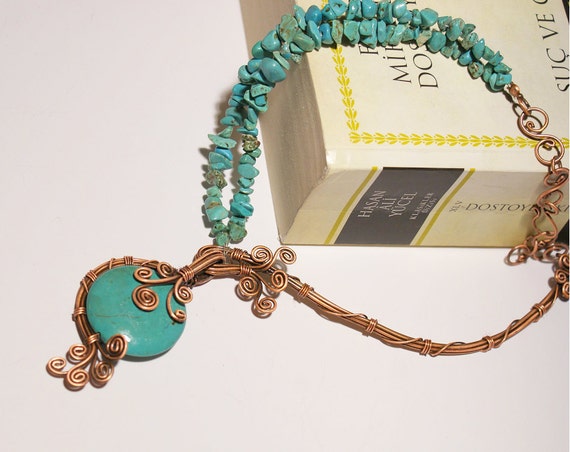 turquoise necklace-copper wire wrapped jewelry handmade - unique valentines day gift