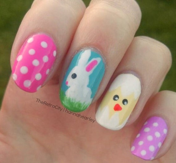 Items similar to Easter Themed Nail Art With Bunny, Chicken, Polkadots ...