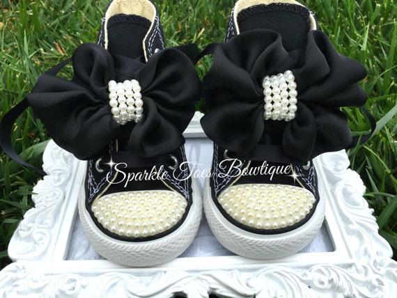 Breakfast at Tiffany's Shoes - Audrey Hepburn Costume - Black Tie Affair - Birthday Shoes - Pageant Shoes - Pearl Converse - Satin bow -