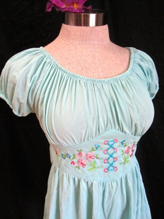 S M 60s Nightie Pajamas Top Baby Doll Aqua Blue Embroidered