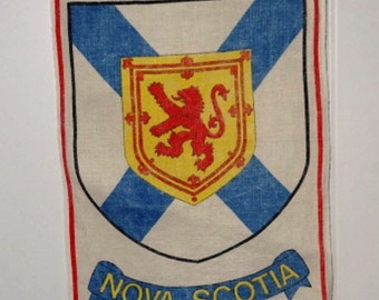 1980s Vintage Souvenir Linen Towel from Nova Scotia, Canada, with Coat of Arms Flag, Red, Yellow, and Blue, Vintage Linens, Home Decor