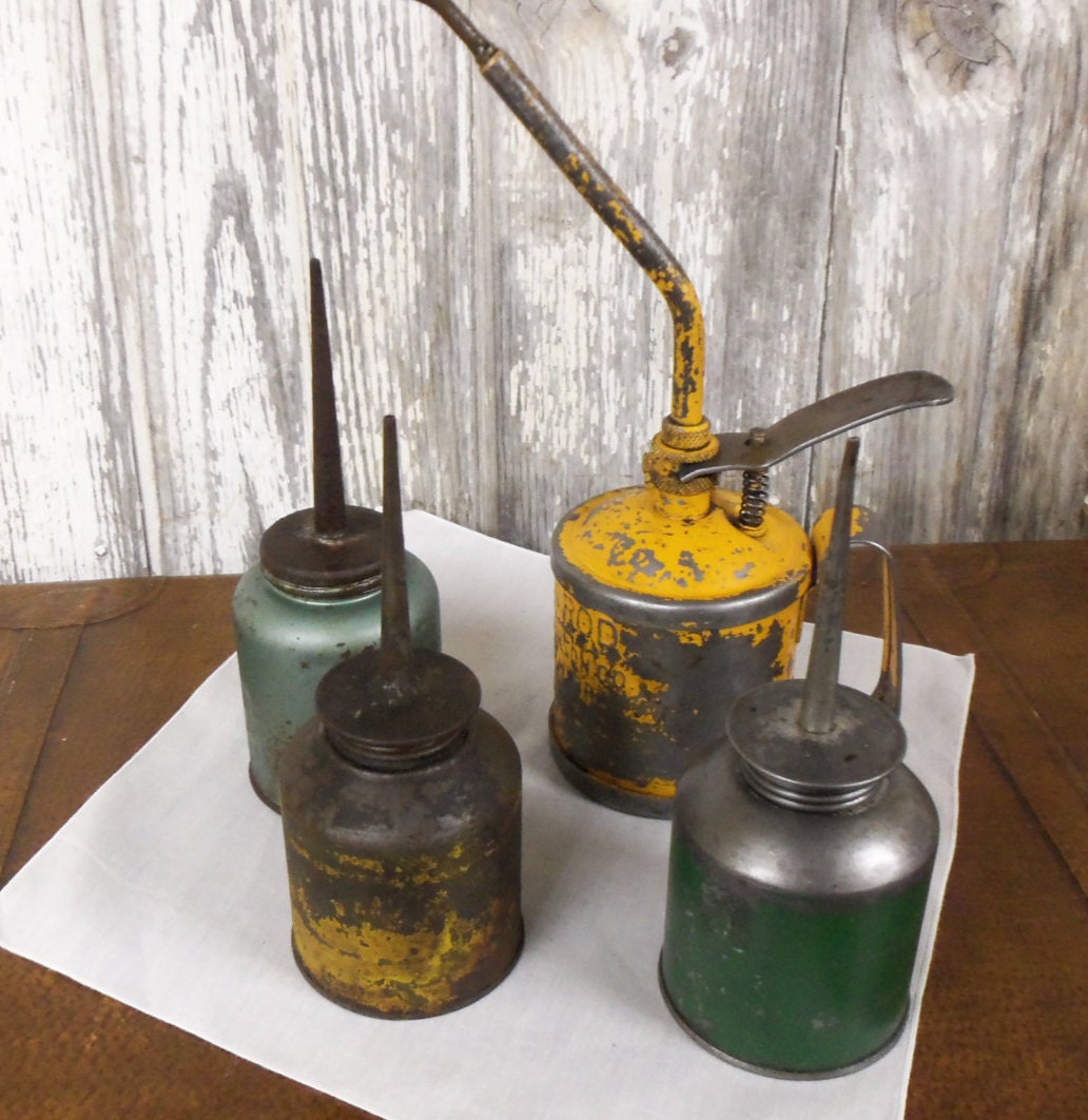 Colorful Collection of Four Vintage Oil Cans Goldenrod Oil Can