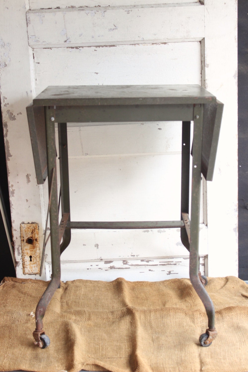 Vintage Green Rusty Metal Typewriter Table on Wheels Haute Juice