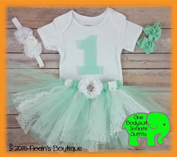 Baby Girl First Birthday Outfit - Mint and White Lace Tutu - 1st Birthday Number - First Birthday Clothes - Headband - Baby Girl - Princess by NoahsBoytiques